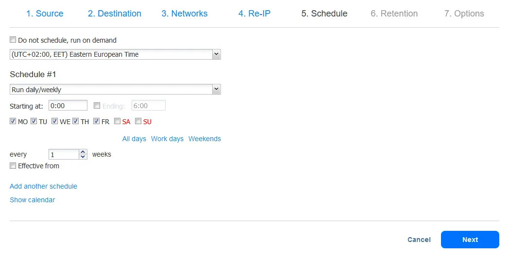 Configuring scheduling settings for a replication job used for disaster recovery replication