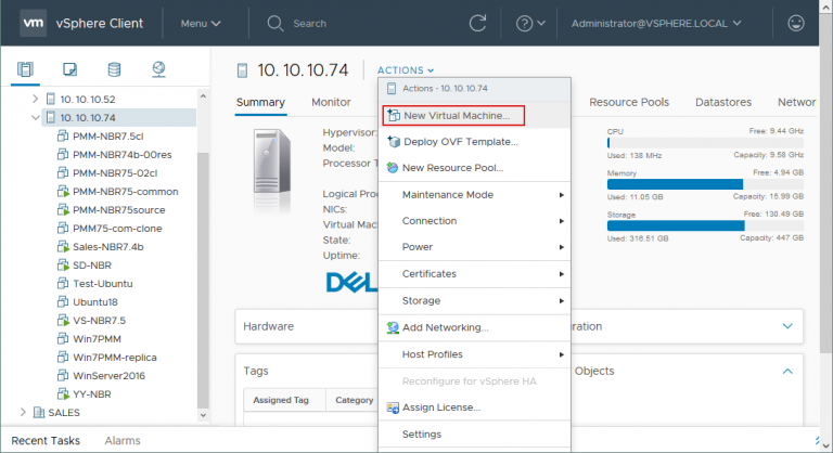 Creating a new virtual machine on the ESXi host with vSphere client