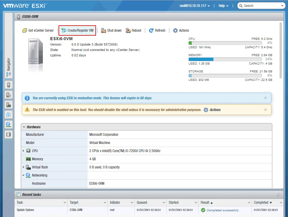 Acceso a la interfaz web con los ajustes de ESXi