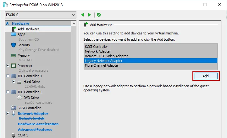 Adición de un adaptador de red heredado para una máquina virtual Hyper-V