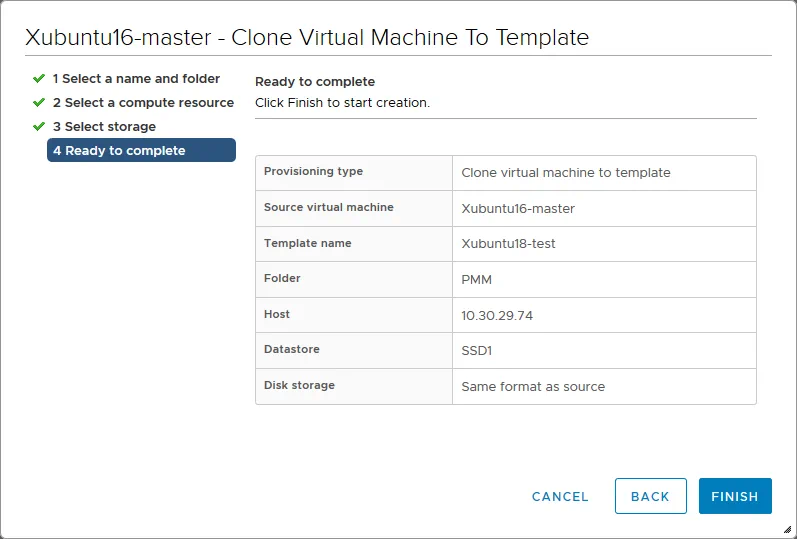 Checking the summary for the VM template creation