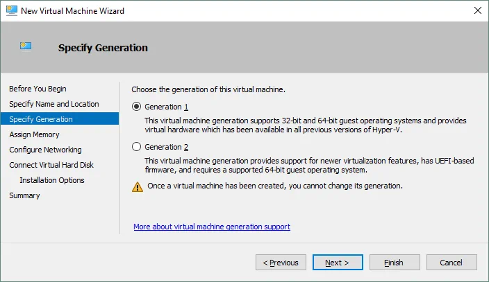 Elección de la generación para una máquina virtual Hyper-V