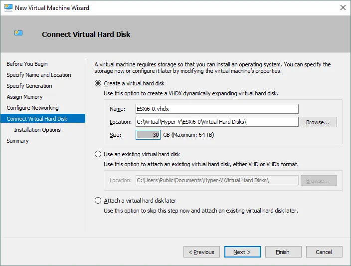 Configuración de un disco duro virtual para una nueva máquina virtual Hyper-V