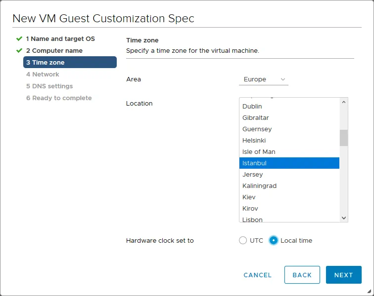 Configuring the time zone for the VM.