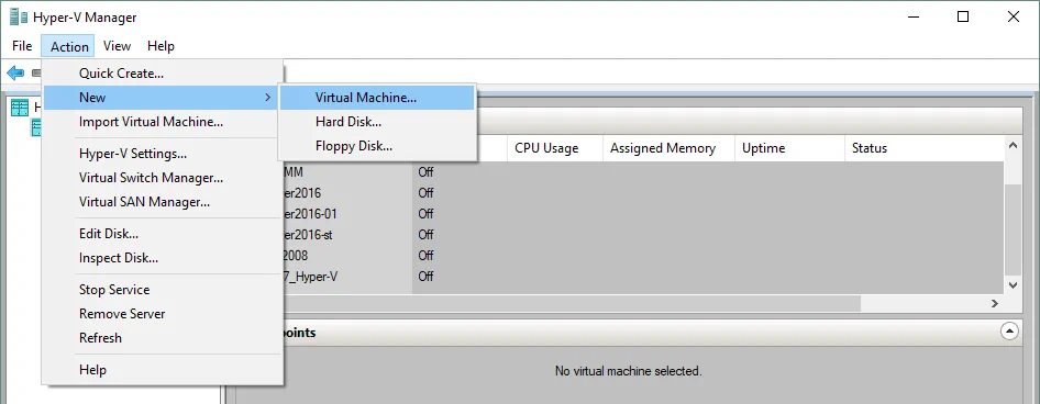 Creación de una nueva máquina virtual Hyper-V en Hyper-V Manager
