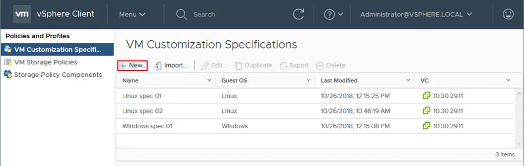 Creating a new VM customization specification