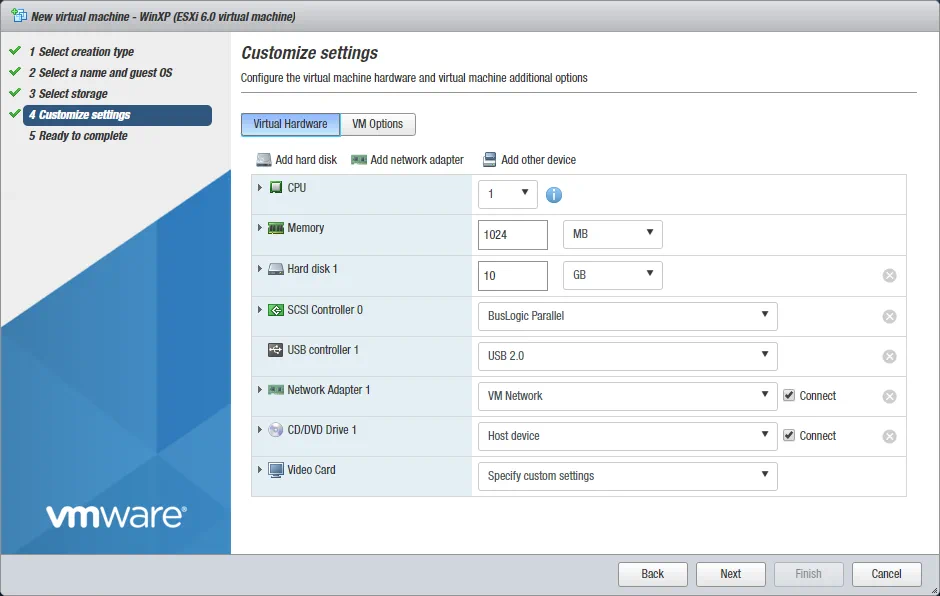 Personalización de los ajustes de la máquina virtual y configuración de una unidad de CD-DVD virtual