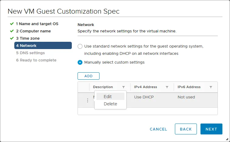 Editing virtual NIC settings.