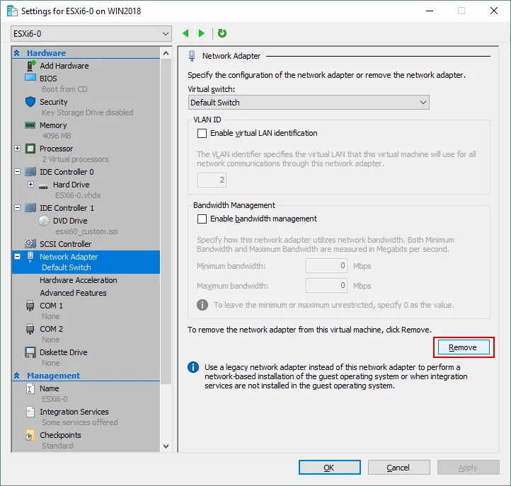 Eliminación del adaptador de red existente de Hyper-V VM