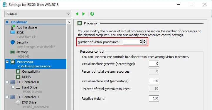 Seleccione Procesador y configure el número de procesadores virtuales