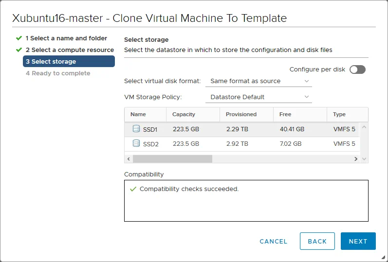 Selecting a storage location for the VM template files