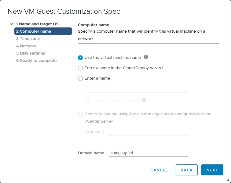 Setting the computer name and domain name for a VM guest OS.