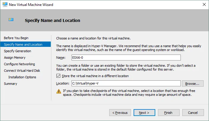 Especificación de un nombre y una ubicación para una nueva máquina virtual Hyper-V