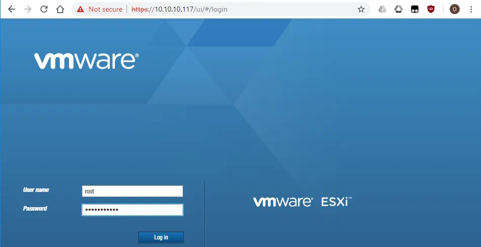 La página de inicio de sesión de ESXi en el cliente VMware Host.