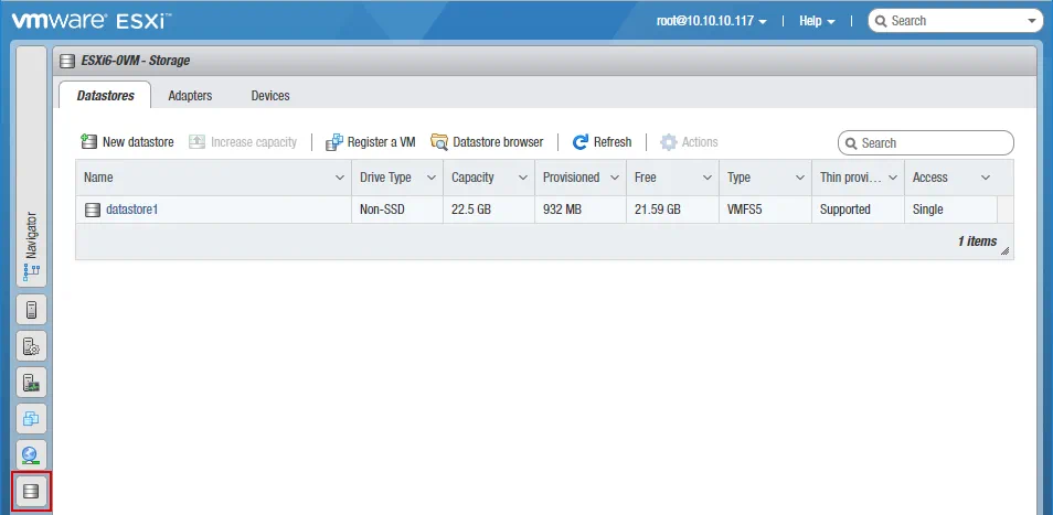 Visualización de almacenes de datos conectados al host ESXi