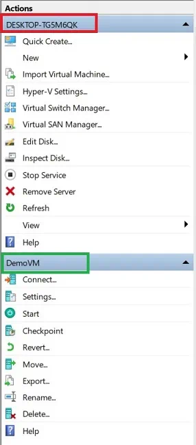 Acciones en Hyper-V Manager