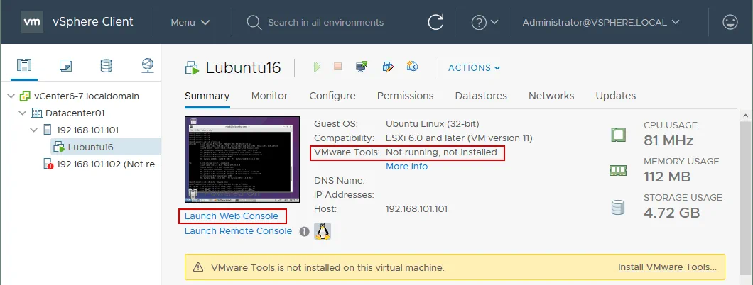 A nested Linux VM is running on a virtual ESXi host deployed in VMware home lab.