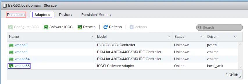 A new iSCSI software adapter is available on an ESXi host.