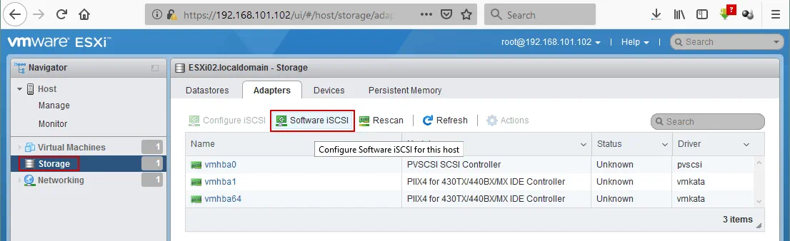 Adding a new software iSCSI adapter for an ESXi host in VMware vSphere Client