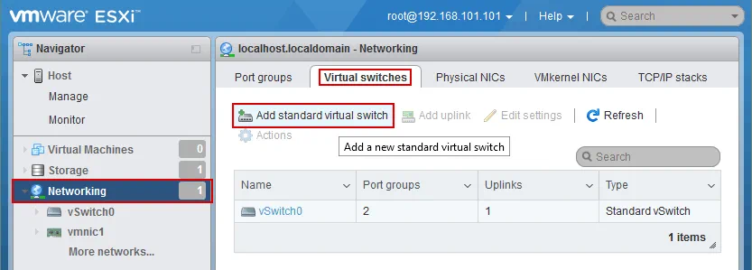 Adding a new virtual switch on VMware ESXi host by using VMware Host Client.