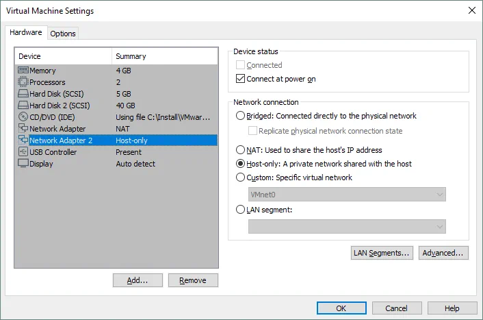 Adding a second virtual network adapter connected to the Host-only network