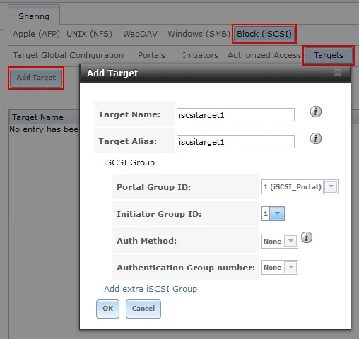 Adding an iSCSI Target in FreeNAS.