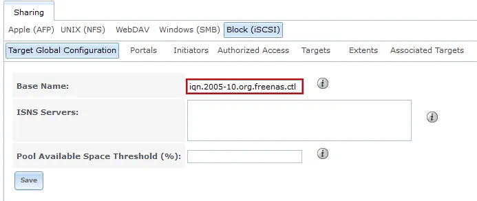 Checking the base name for the iSCSI Target in the web interface of FreeNAS.