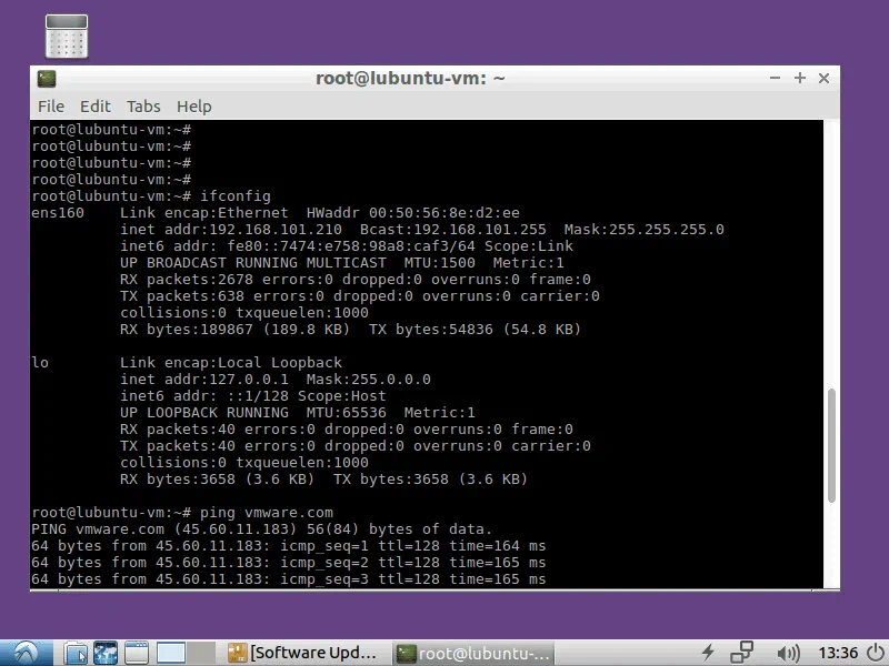 Checking the network settings on Linux running on the nested VMware VM.