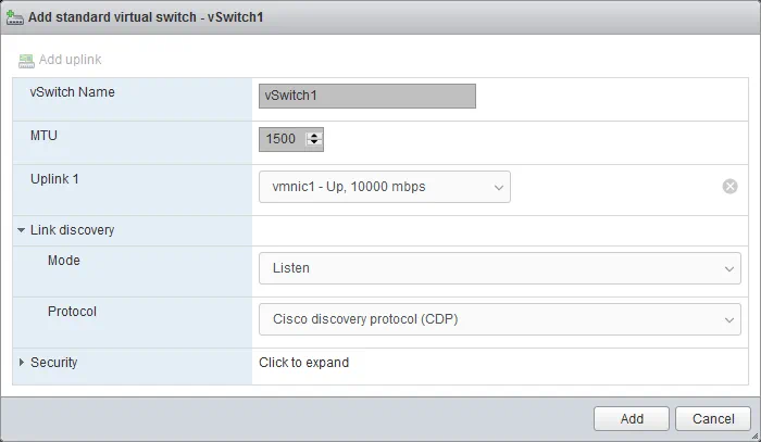 Configuring a new vSwitch that would be created.