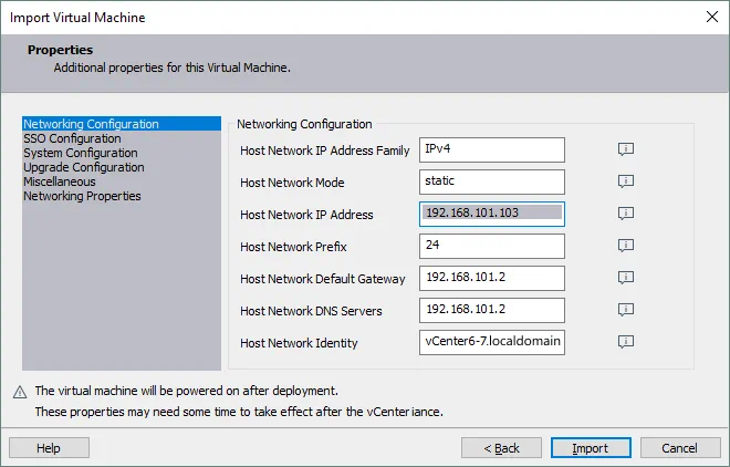 Configuring networking during deployment of vCenter Server Appliance from the OVA template.