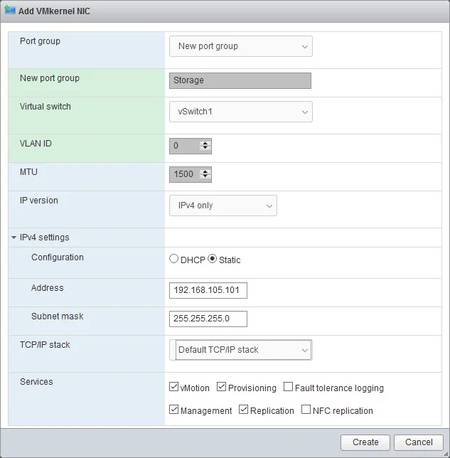 Configuring options for a new VMkernel NIC.