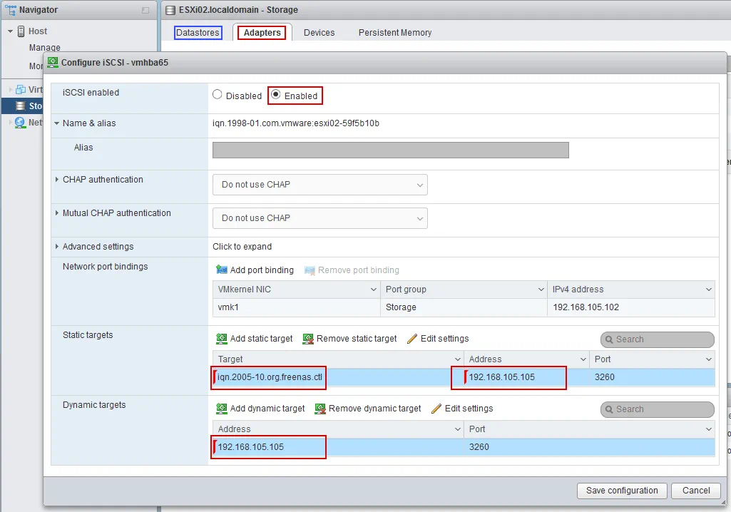 Configuring the iSCSI connection on an ESXi host.