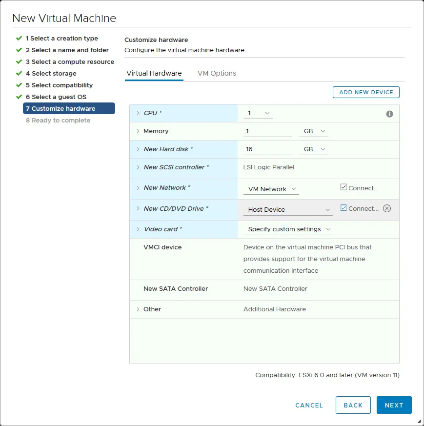 Configuring the new VM hardware.