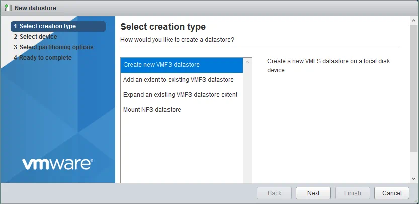 Creating a new VMFS datastore.