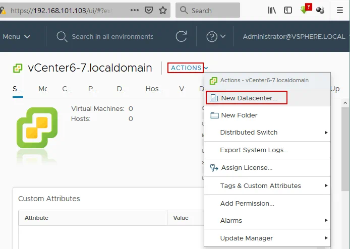 Creating a new datacenter in vCenter with VMware vSphere client.
