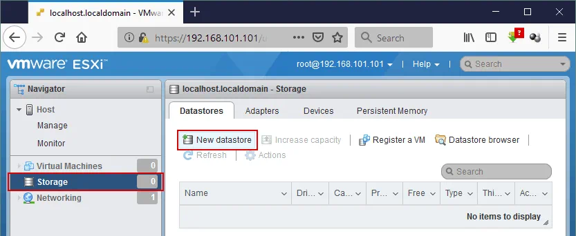 Creating a new directly attached datastore on an ESXi host.