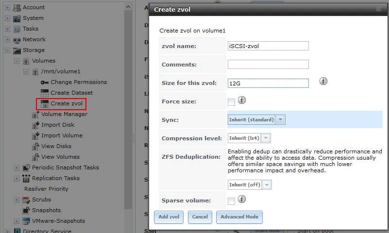 Creating a new zvol in FreeNAS.