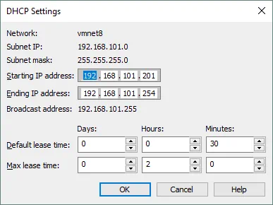 DHCP settings opened in Virtual Network Editor
