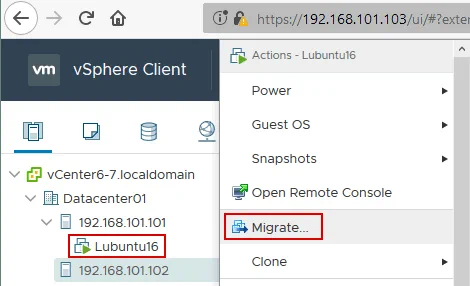 Opening the Actions menu for a VM to migrate.