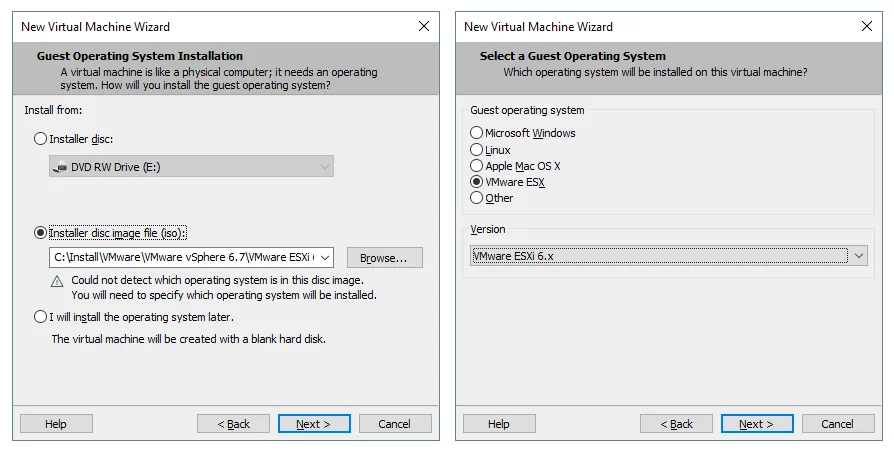 Select the installer disk image and a guest operating system for creating a VM.