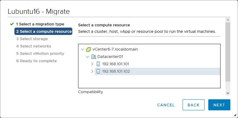 Selecting a compute resource for running a VM after migration.