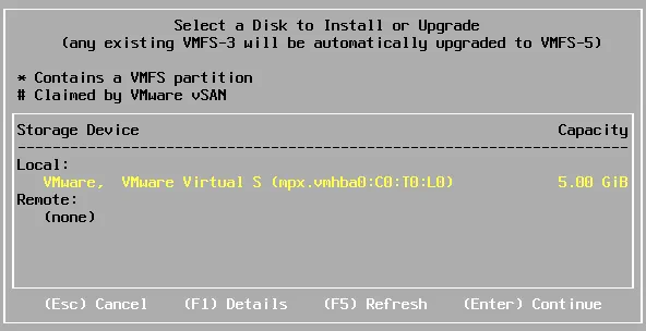 Selecting a disk to install ESXi