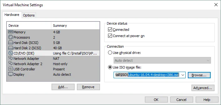 Selecting the ISO file that must be inserted into a virtual optical drive of the VM running ESXi host on VMware Workstation