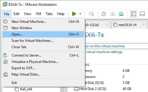 Selecting the Open VM option for deploying a VM from an OVA template.