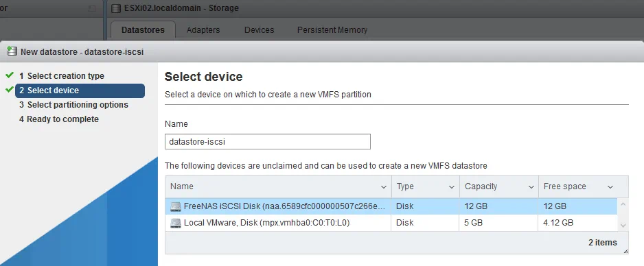 Selecting the iSCSI disk for creating a new datastore on the ESXi host.