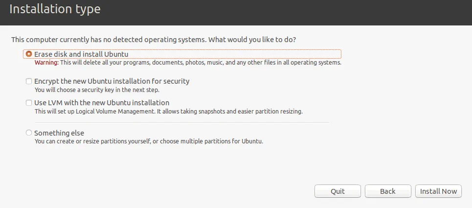 Seleccionar el tipo de instalación para Ubuntu.