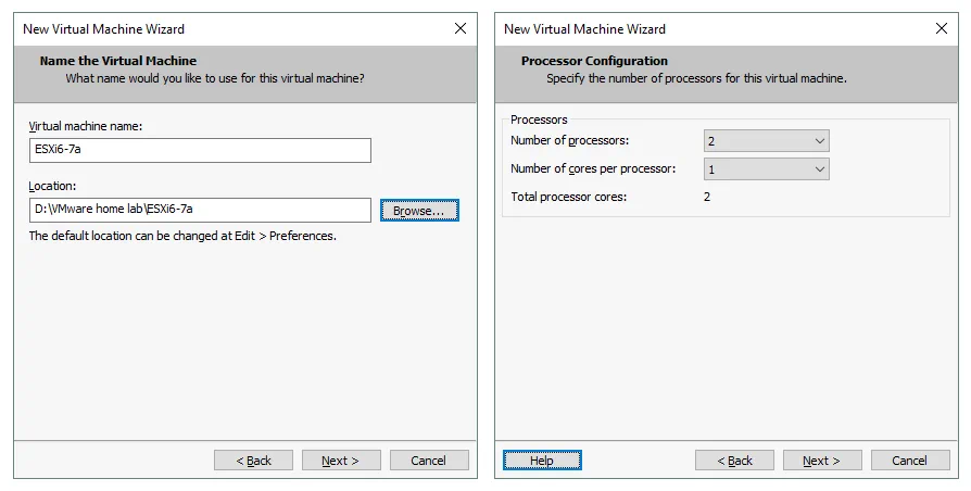 Setting the name and location for the new VM as well as setting processor configuration.