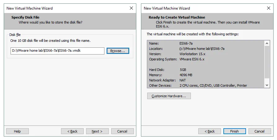 Specifying location for a virtual disk file and checking settings for creating a new VM