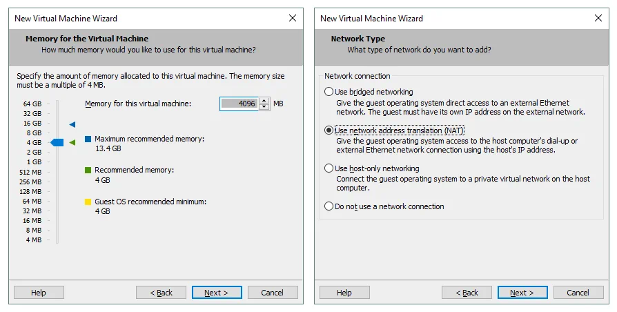 Specifying the amount of memory for a VM and selecting the network type.