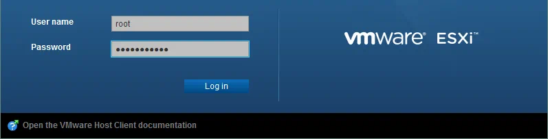 The Login screen of VMware Host Client.